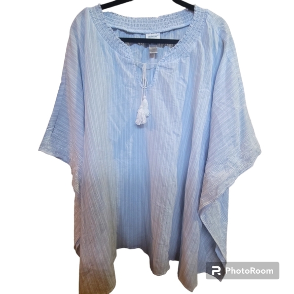 Avenue Size 30/32 Blue White Beachy Embroidered Tassel Blouse Stripes - Picture 1 of 4